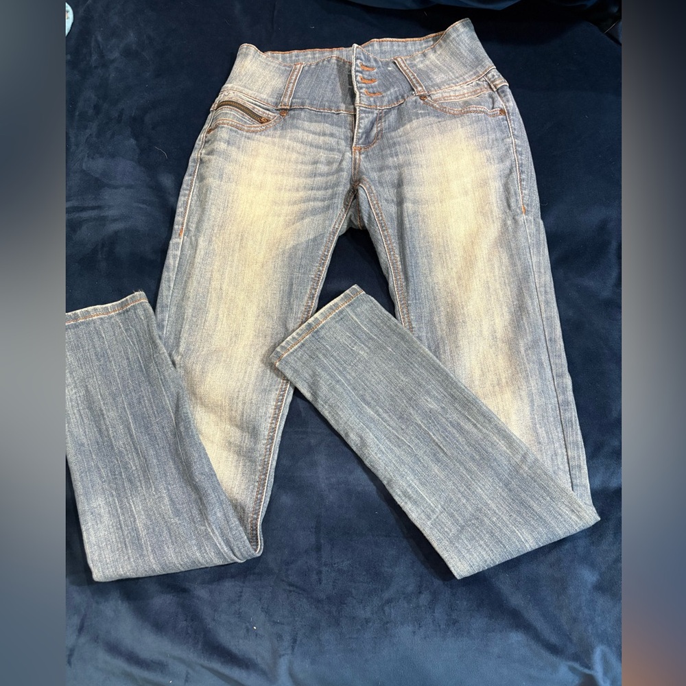 Blue Skinny Jeans with Light Wash Distressing
